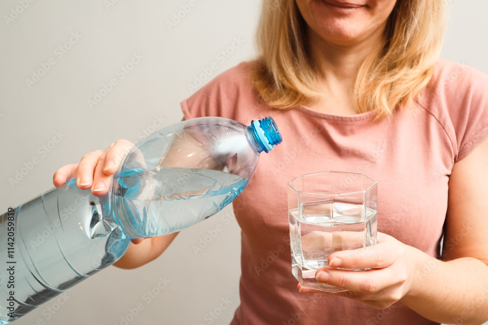 Woman's hands pouring water into glass, close-up. Banner with concept of natural clean aqua at home. Woman's hands pouring water into glass, close-up. Banner with concept of natural clean aqua at home.