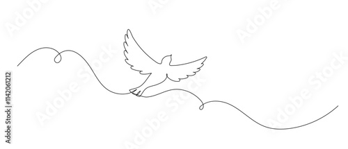 Dove one continuous line illustration. Hand drawn doodle sketch of bird of piece, pigeon