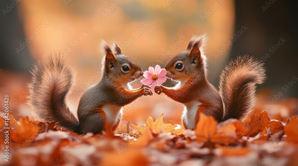 Two squirrels sharing a daisy flower surrounded by autumn leaves, romantic and whimsical nature scene, symbolic of connection and innocence in wildlife photography Two squirrels sharing a daisy flower surrounded by autumn leaves, romantic and whimsical nature scene, symbolic of connection and innocence in wildlife photography