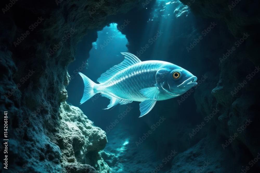 A surreal scene of a ghostly, transparent fish gliding through a glowing underwater cave, with reflective light bouncing off the cave's surfaces and illuminating its eerie interior A surreal scene of a ghostly, transparent fish gliding through a glowing underwater cave, with reflective light bouncing off the cave's surfaces and illuminating its eerie interior