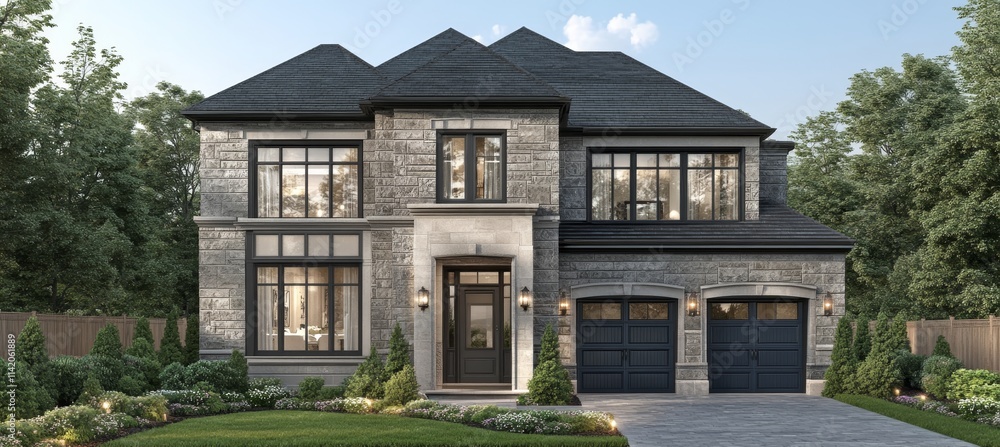 Fototapeta premium Modern Stone and Brick Suburban Home with Two-Car Garage and Large Windows on a Sunny Day