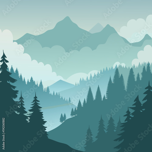 Misty Mountain Forest Scene with Tall Pines and Soft Fog