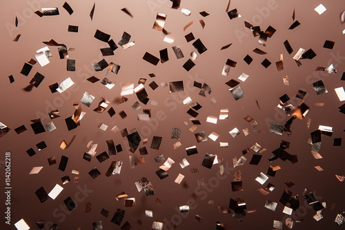 scattered  mocha brown with gradiant mousse,  metalic confetti on a subtle backdrop for festive events and celebrations, color of 2025