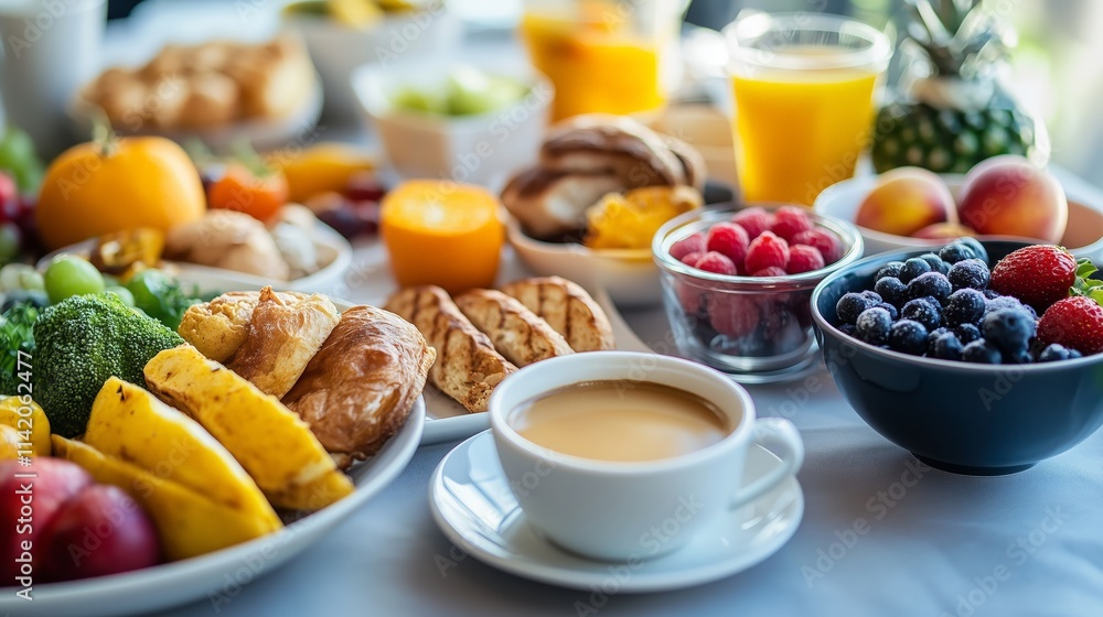 A vibrant breakfast spread featuring fresh fruits, baked goods, juice, and coffee. The composition emphasizes healthy choices and provides an inviting visual representation of a wholesome meal. A vibrant breakfast spread featuring fresh fruits, baked goods, juice, and coffee. The composition emphasizes healthy choices and provides an inviting visual representation of a wholesome meal.