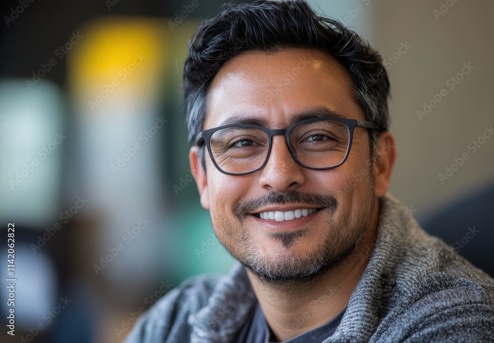 Friendly Middle-Aged Man with Glasses Smiling Cheerfully in a Modern Indoor Workspace with Natural Light Friendly Middle-Aged Man with Glasses Smiling Cheerfully in a Modern Indoor Workspace with Natural Light
