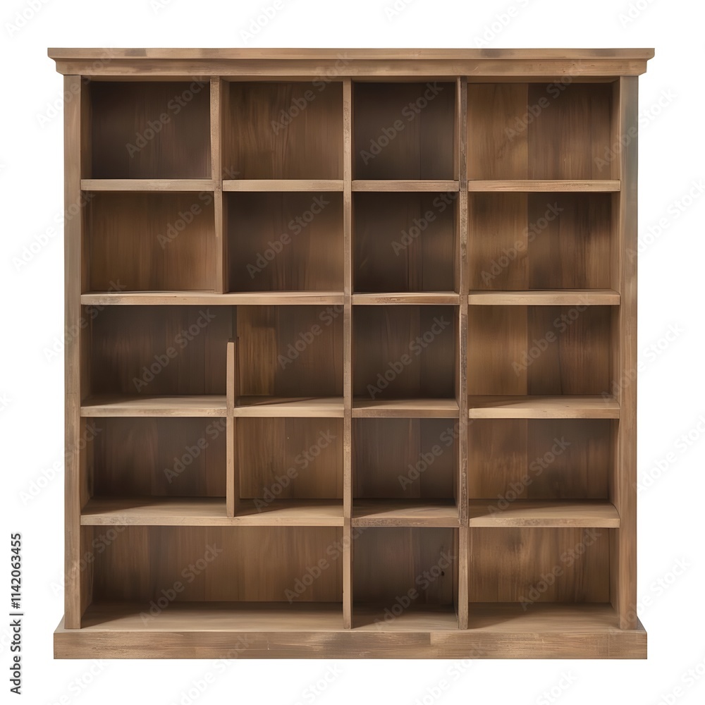A wooden bookshelf or shelving unit with multiple compartments and shelves, made of natural wood with a rustic, distressed appearance