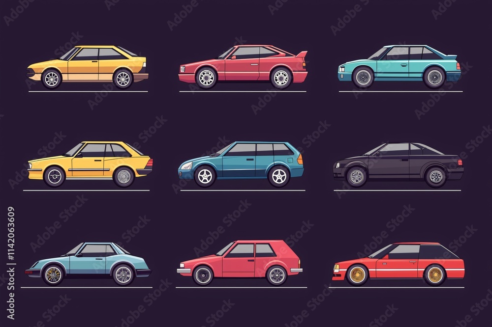 Set of nine different car models with colorful bodywork parking side view on dark background Set of nine different car models with colorful bodywork parking side view on dark background
