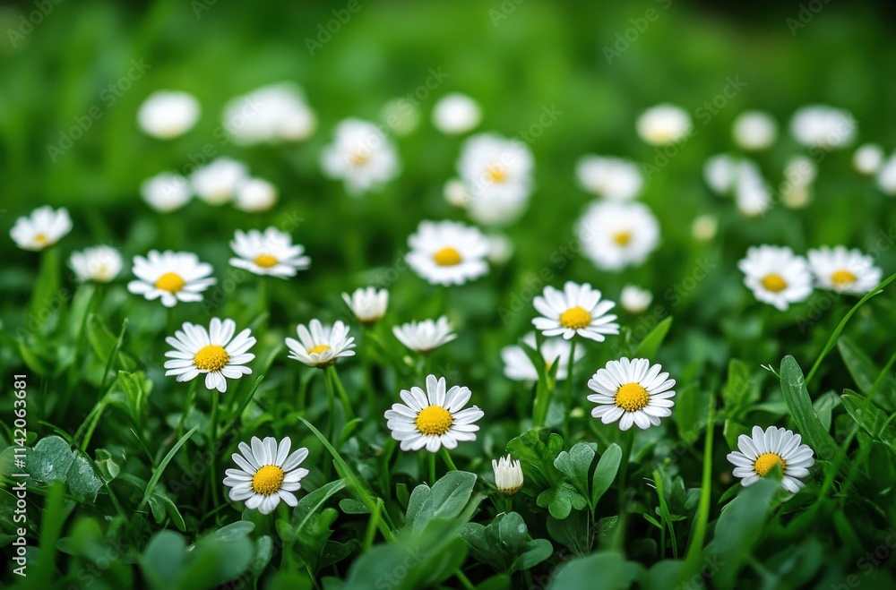 Lush Green Field Covered with Beautiful White Daisies in Full Bloom Under Bright Sunlight on a Warm Spring Day