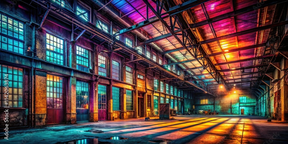 Fototapeta premium Night falls on a forgotten warehouse; grunge textures and retro industrial details in stark contrast.