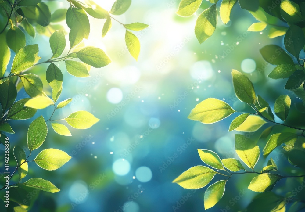 Lush Green Leaves Framing a Soft Blur Background of Sunlight and Bokeh Effects to Create a Tranquil Nature Scene Perfect for Nature Themes Lush Green Leaves Framing a Soft Blur Background of Sunlight and Bokeh Effects to Create a Tranquil Nature Scene Perfect for Nature Themes