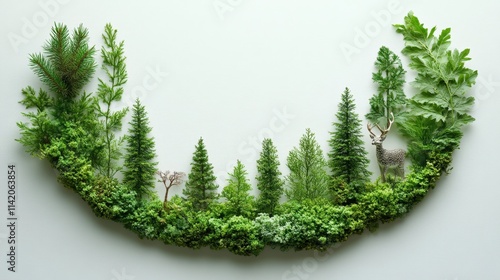 Lush Green Forest Landscape with Miniature Trees and Wildlife Illustrating Nature's Beauty and Biodiversity for Eco-Friendly Concepts and Designs photo