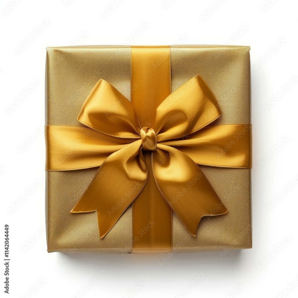 Golden gift box wrapped with a bow placed on a white background Golden gift box wrapped with a bow placed on a white background