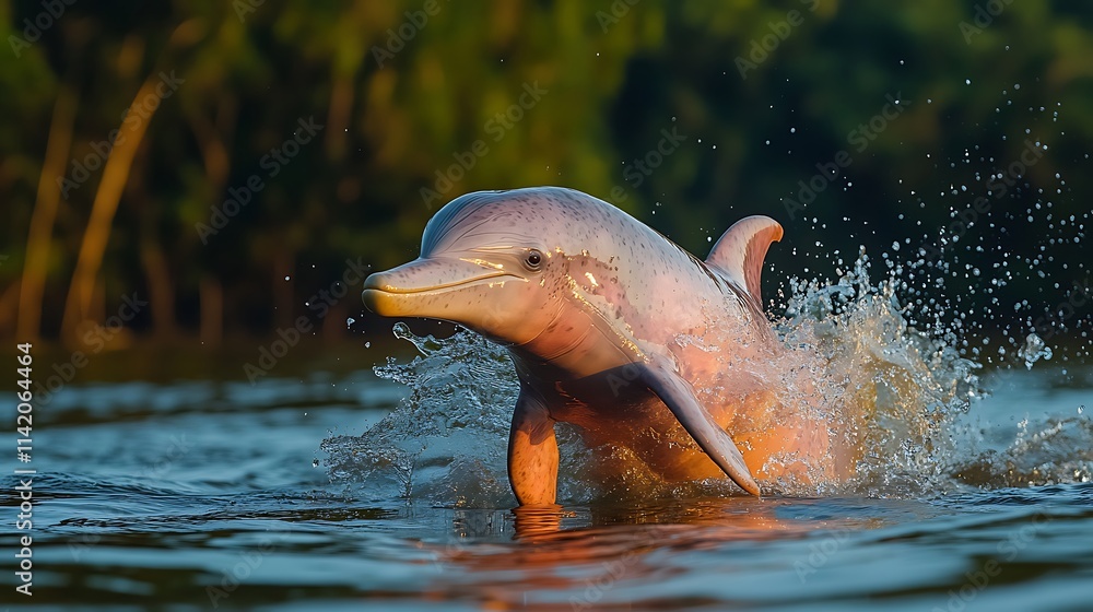Fototapeta premium Pink River Dolphin Emerging From Water At Sunset
