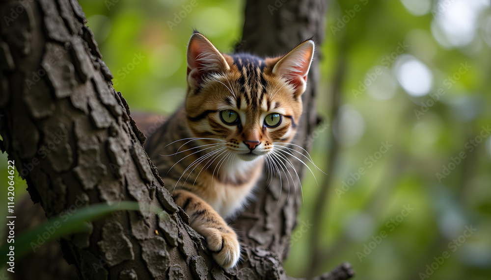 Bengal cat, alert, climbing a tree, natural outdoor environment