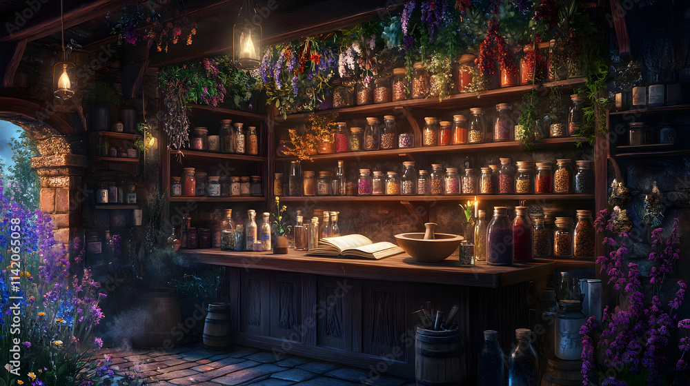 Enchanting Scene Inside a Medieval Apothecary Surrounded by the Fragrance of Herbs and Ancient Remedies Enchanting Scene Inside a Medieval Apothecary Surrounded by the Fragrance of Herbs and Ancient Remedies