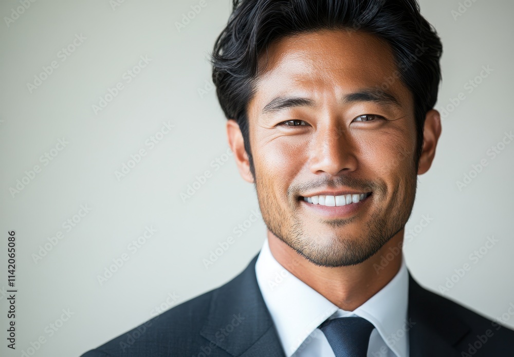 Professional and Confident Businessman in Suit Smiling Against Neutral Background, Representing Success, Positivity, and Ambition in Modern Workplace Environment Professional and Confident Businessman in Suit Smiling Against Neutral Background, Representing Success, Positivity, and Ambition in Modern Workplace Environment
