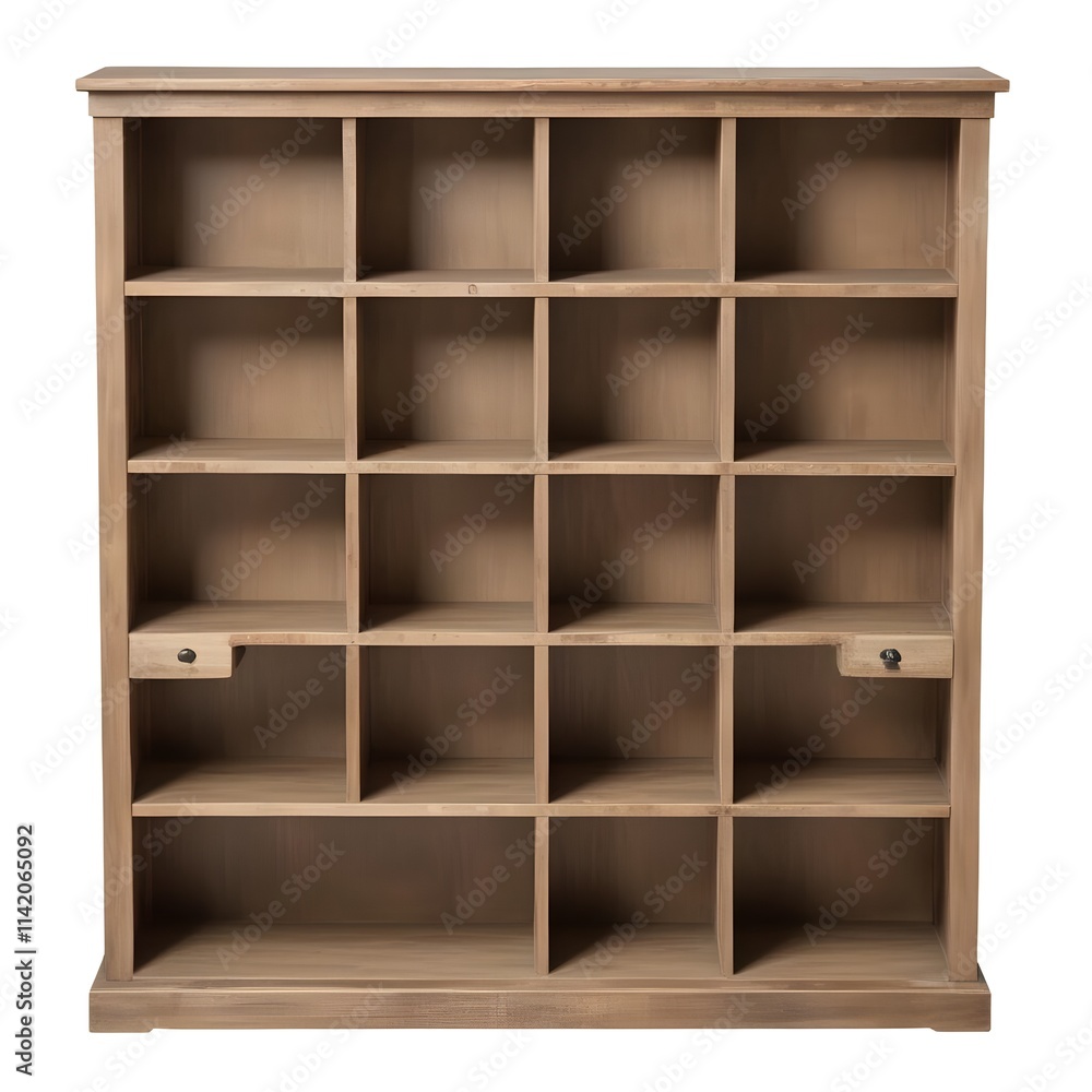 A wooden bookshelf or shelving unit with multiple compartments and shelves, made of natural wood with a rustic, distressed appearance A wooden bookshelf or shelving unit with multiple compartments and shelves, made of natural wood with a rustic, distressed appearance