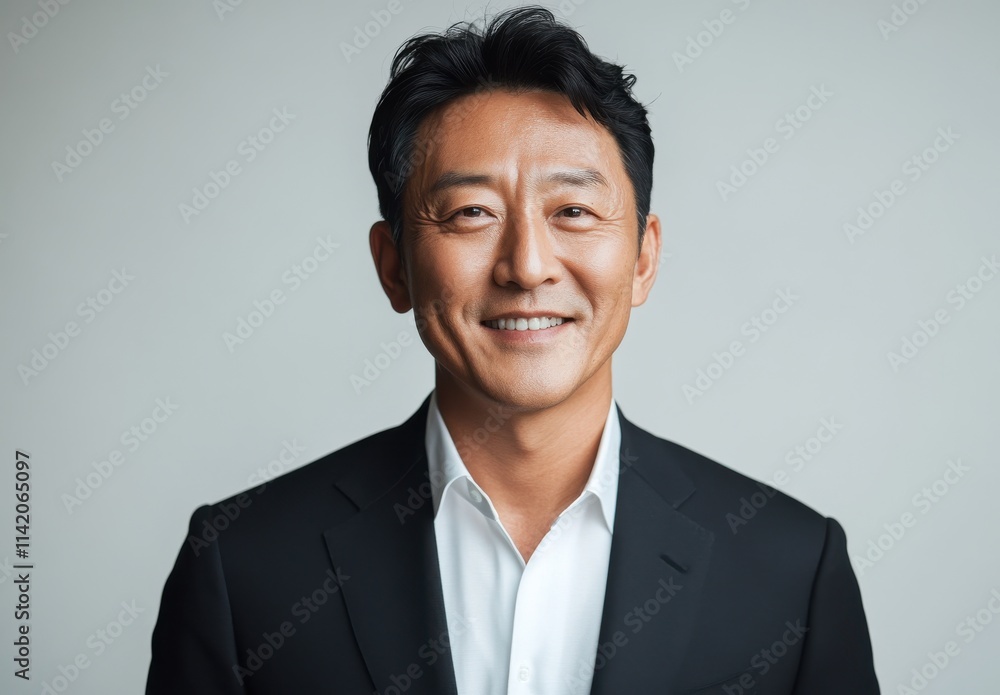 Professional Asian man in formal attire smiling in a studio setting, exuding confidence and approachability with a neutral background, perfect for corporate and lifestyle themes Professional Asian man in formal attire smiling in a studio setting, exuding confidence and approachability with a neutral background, perfect for corporate and lifestyle themes