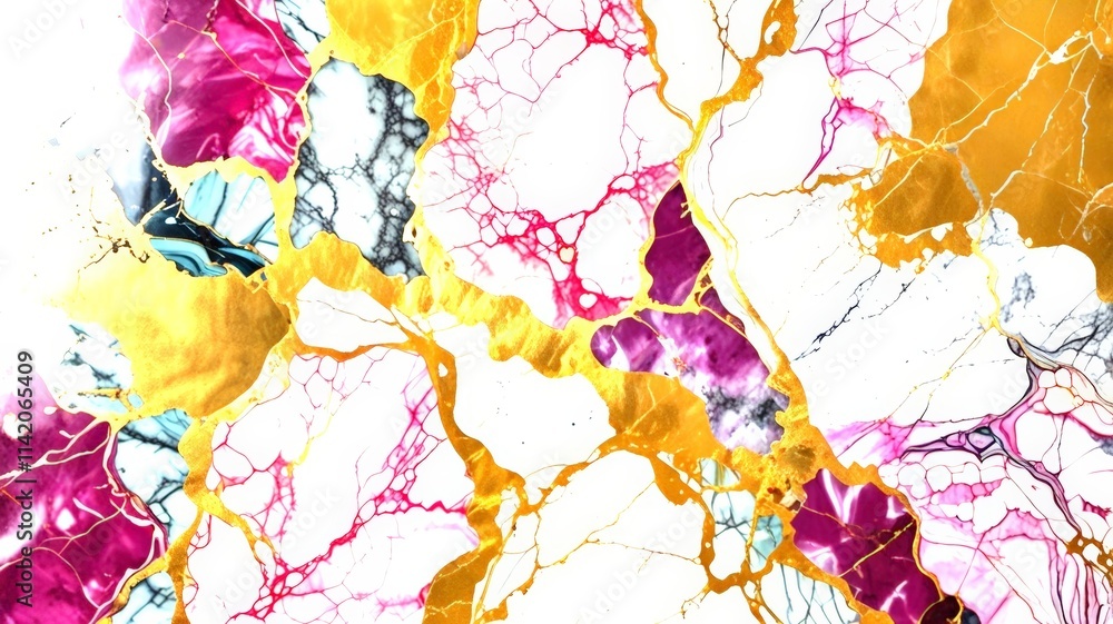 Obraz premium An artistic composition of vibrant colors—gold, pink, and white—intertwined in organic shapes, accented with flowing lines, conveying a sense of movement and vibrancy