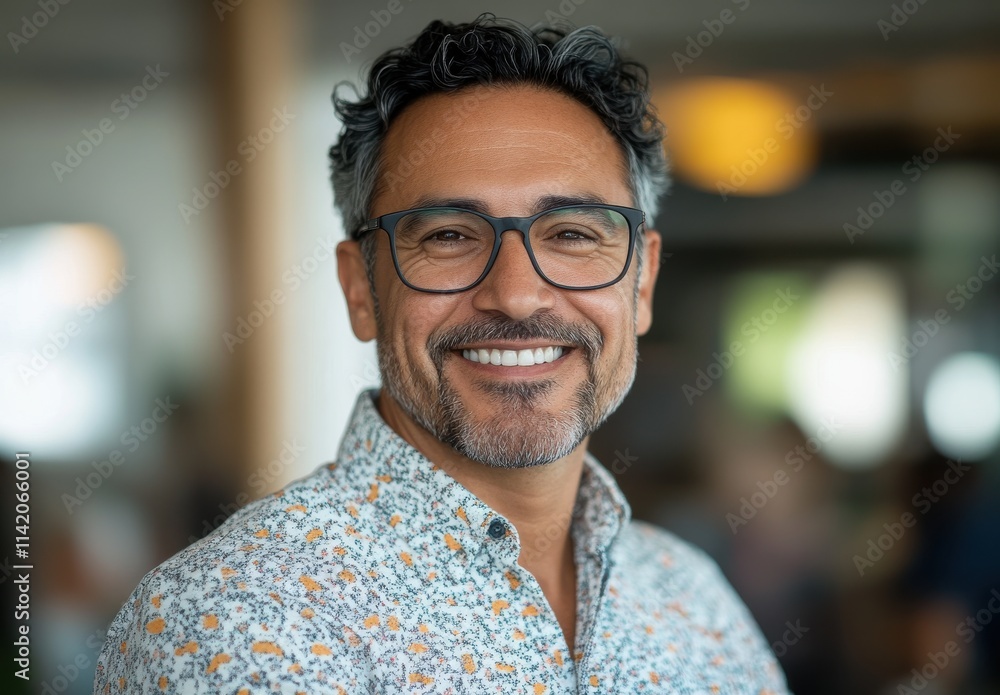 Smiling Middle-Aged Man with Curly Hair and Glasses Wearing Floral Shirt in Brightly Lit Café Setting with Bokeh Background Smiling Middle-Aged Man with Curly Hair and Glasses Wearing Floral Shirt in Brightly Lit Café Setting with Bokeh Background