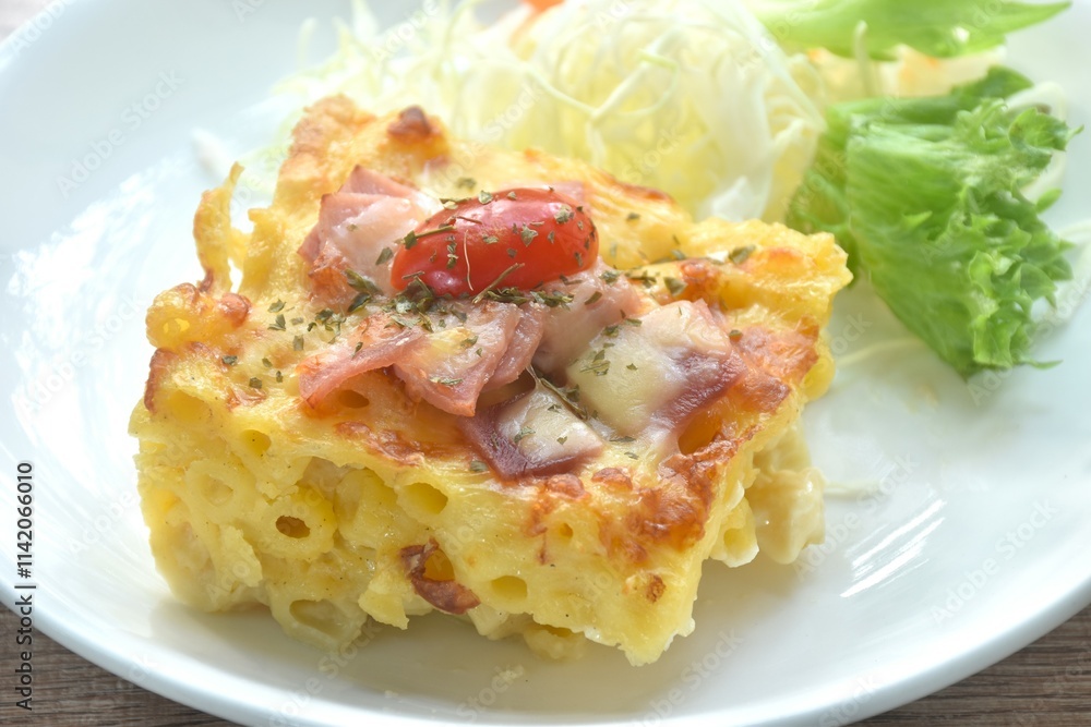 baking macaroni and slice pork bacon with chees topping tomato eat couple salad on plate baking macaroni and slice pork bacon with chees topping tomato eat couple salad on plate