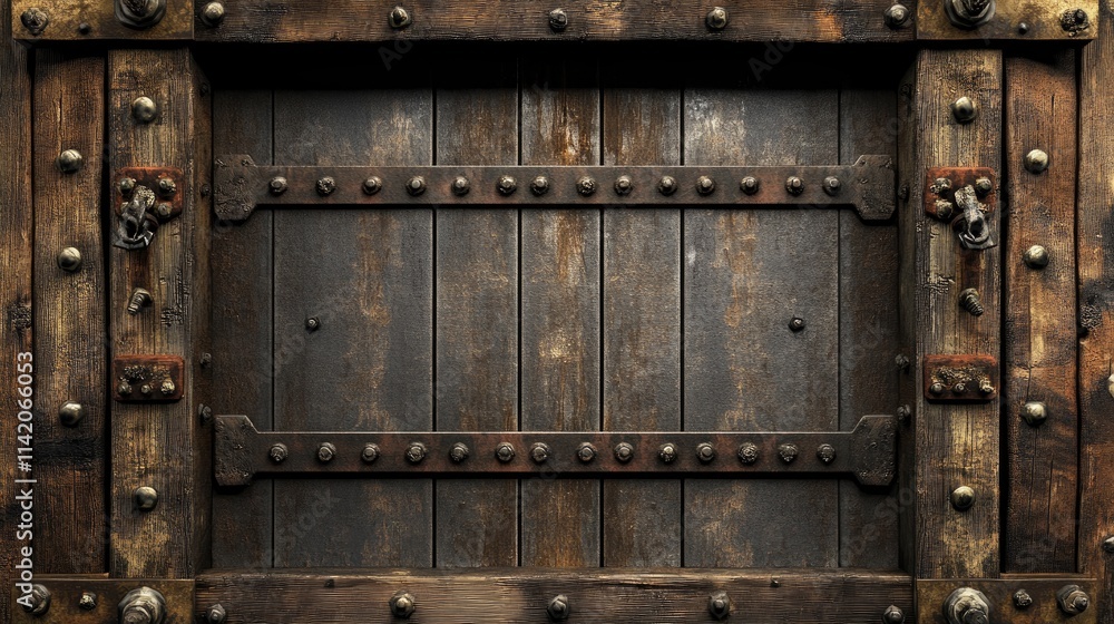 Rustic Wooden Door with Metal Accents and Weathered Texture Rustic Wooden Door with Metal Accents and Weathered Texture