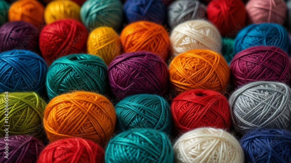 A vibrant array of colorful yarn balls, including shades of red, blue, green, and yellow, are neatly arranged, creating a lively textile mosaic. A vibrant array of colorful yarn balls, including shades of red, blue, green, and yellow, are neatly arranged, creating a lively textile mosaic.