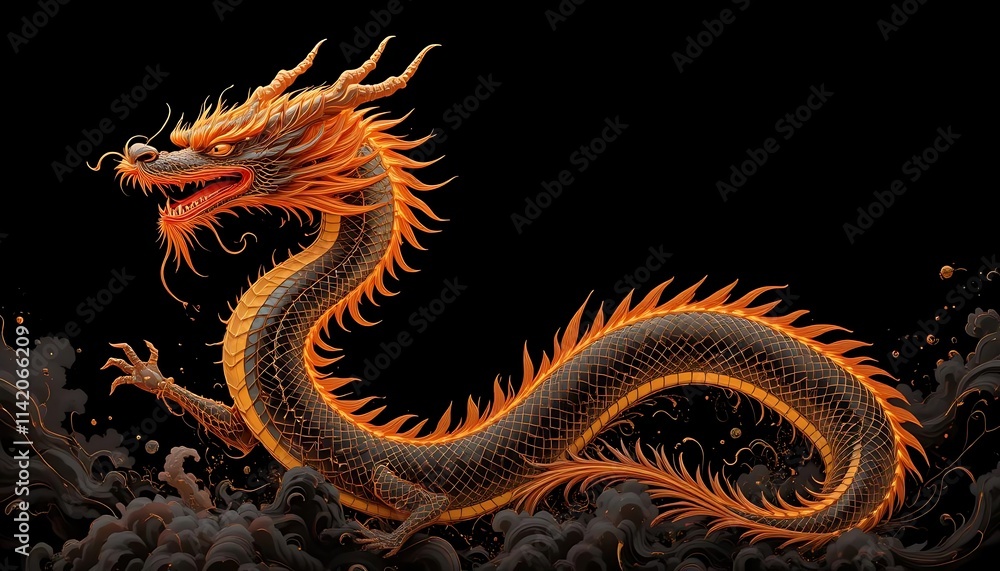 Fototapeta premium Majestic Golden Dragon Emerging from the Dark Clouds of Myth