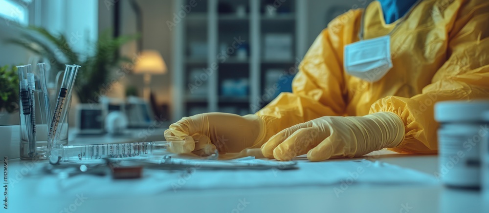 Obraz premium Scientist in PPE handling sample in lab.