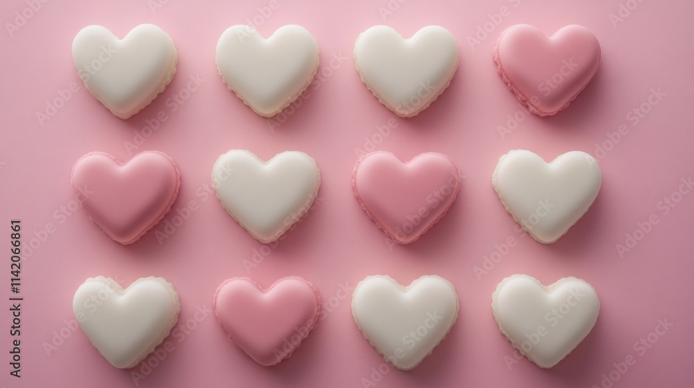 a pink and white heart shaped macarons on a pink surface a pink and white heart shaped macarons on a pink surface