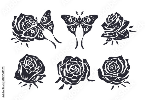 Hand drawn rose flower and luna moth black silhouettes set isolated on white background. Minimalist bloom and butterfly monochrome design.