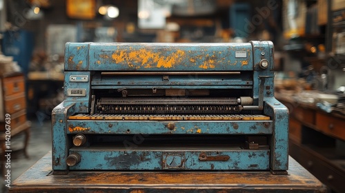 Vintage mechanical typewriter with paper roll on antique wooden desk, retro writing machine in nostalgic office setting, old-fashioned literature tool, historical design. photo