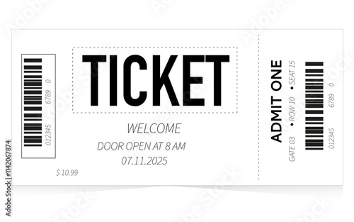 Ticket Illustration ticket concept, with black and white elements, admit one coupon mention, code and text elements for arts festival and events.