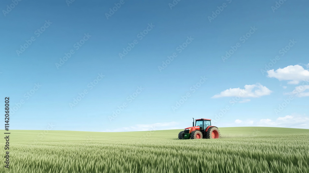 Tractor operates in expansive green field under clear blue sky during sunny daytime