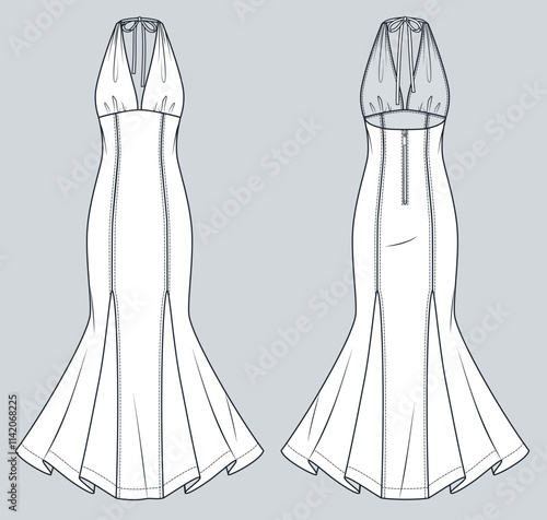 Godet Dress technical fashion illustration. Halter Maxi Dress fashion flat technical drawing template, zipper, ties, slim fit, front and back view, white, women CAD mockup.