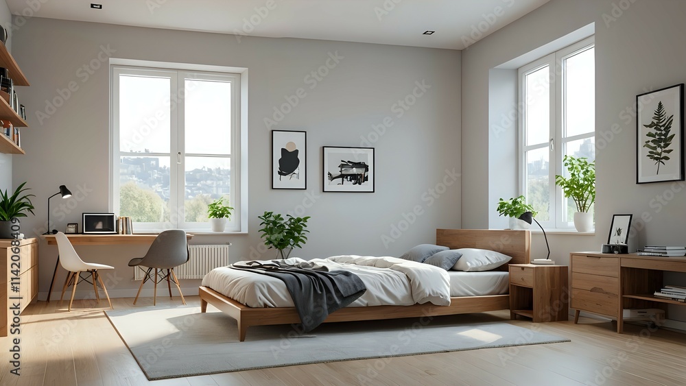 Fototapeta premium a neat and minimalist bedroom, cartoon 