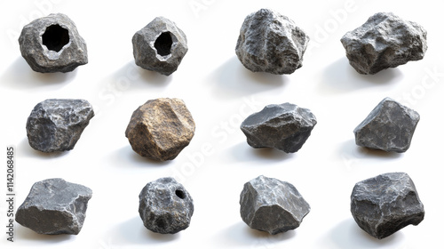 Stone asteroids realistic vector illustration. Meteor or space boulder or rock with craters isolated icon set on white background, various form photo