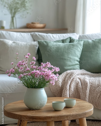 Elegant Living Room Decor with Soft Floral Arrangement, Cozy Textiles, Neutral Tones, and Minimalist Accessories Capturing Calmness and Serenity in Modern Interior Design