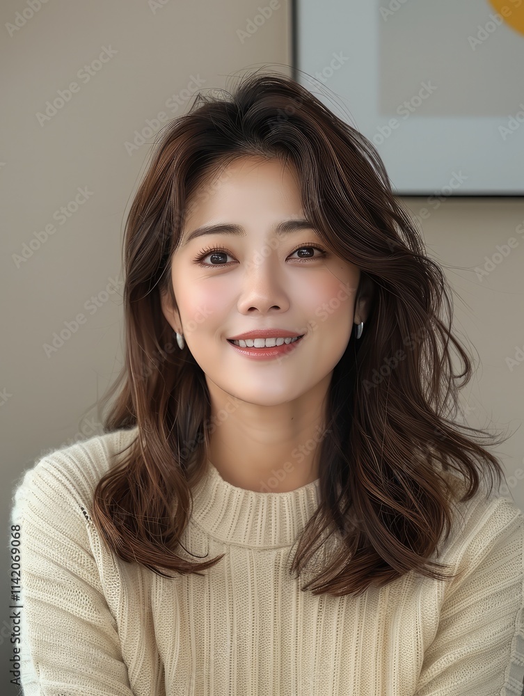 Korean mom in her mid-30s, smiling brightly. Korean mom in her mid-30s, smiling brightly.