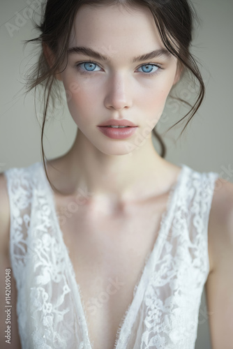 stunning young bride in a chic lace gown, her captivating blue eyes and subtle makeup highlighting timeless beauty photo