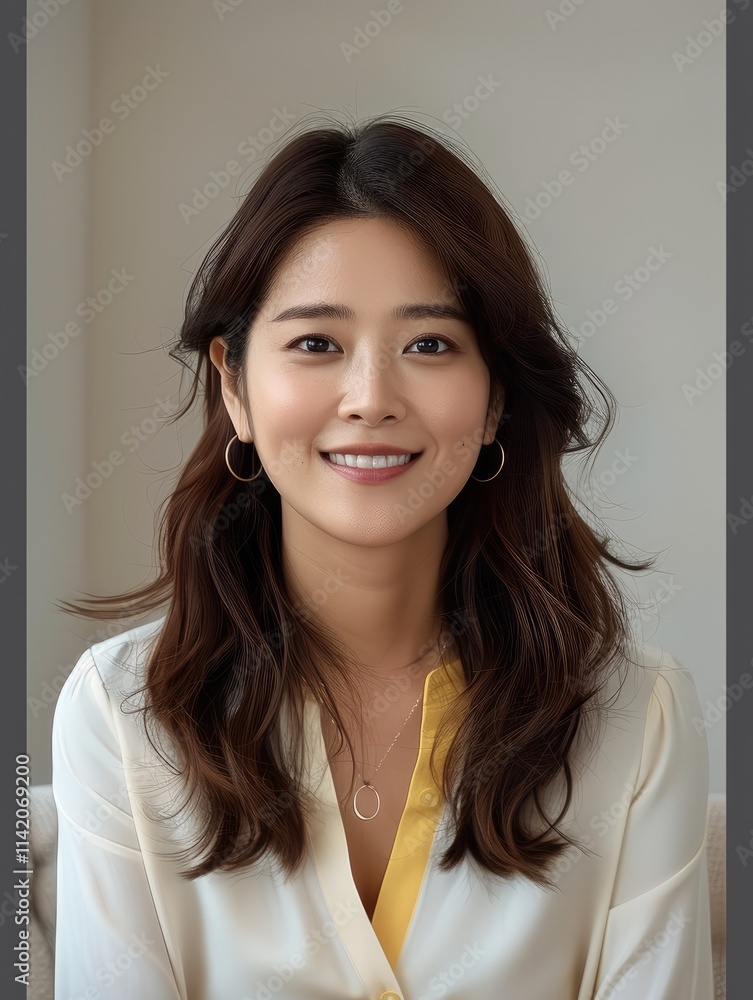 Korean mom in her mid-30s, smiling brightly. Korean mom in her mid-30s, smiling brightly.