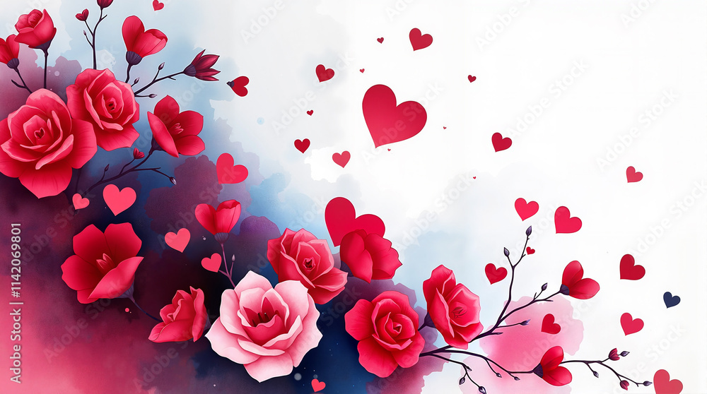 Vibrant roses and hearts composition, romantic mood, artistic design on colorful background, copy space Vibrant roses and hearts composition, romantic mood, artistic design on colorful background, copy space