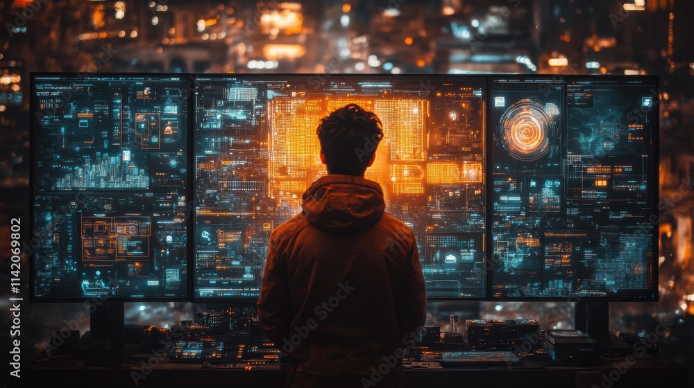 Man standing in a futuristic room with glowing digital holograms, innovative technology, sci-fi atmosphere, immersive data, cyber concepts, virtual exploration, neon background Man standing in a futuristic room with glowing digital holograms, innovative technology, sci-fi atmosphere, immersive data, cyber concepts, virtual exploration, neon background