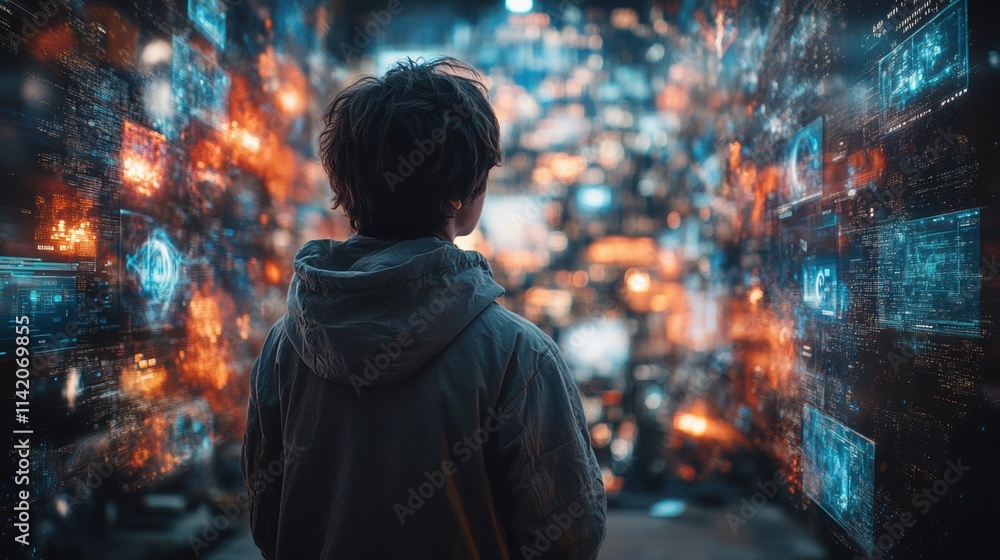 Man standing in a futuristic room with glowing digital holograms, innovative technology, sci-fi atmosphere, immersive data, cyber concepts, virtual exploration, neon background Man standing in a futuristic room with glowing digital holograms, innovative technology, sci-fi atmosphere, immersive data, cyber concepts, virtual exploration, neon background