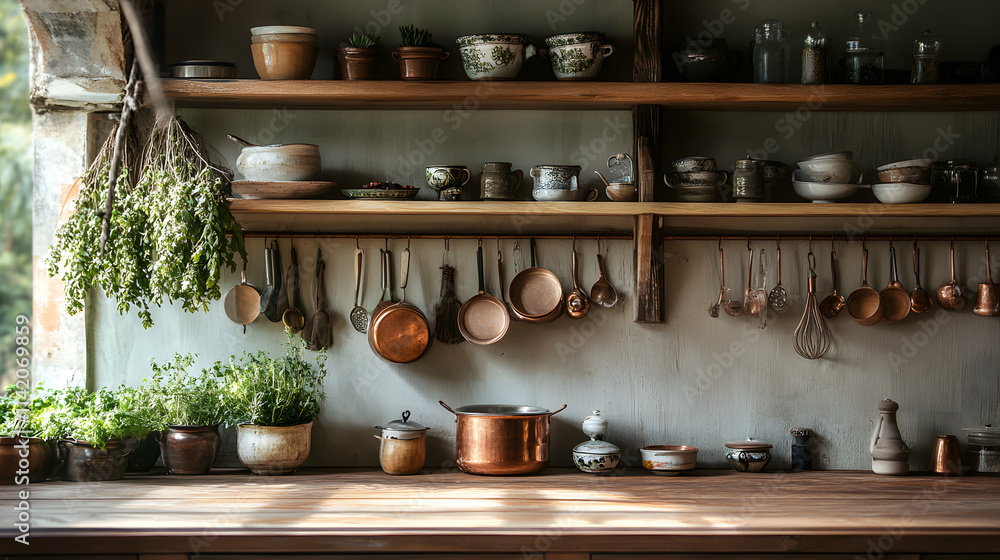 Inviting Rustic Kitchen Scene with Fresh Herbs Hanging to Dry and Warm Natural Lighting Inviting Rustic Kitchen Scene with Fresh Herbs Hanging to Dry and Warm Natural Lighting