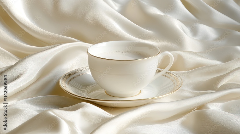 Elegant white teacup on luxurious satin fabric with soft texture Elegant white teacup on luxurious satin fabric with soft texture