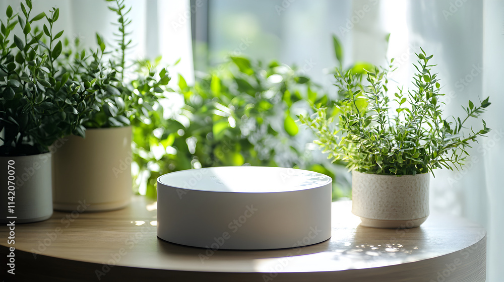 Bright sunlight dances across a modern tabletop adorned with lush green plants, evoking serenity and a connection with nature in a cozy indoor space Bright sunlight dances across a modern tabletop adorned with lush green plants, evoking serenity and a connection with nature in a cozy indoor space