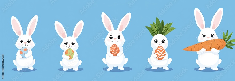 Naklejka premium Set of vector illustrations for Easter, featuring three cute rabbits with eggs
