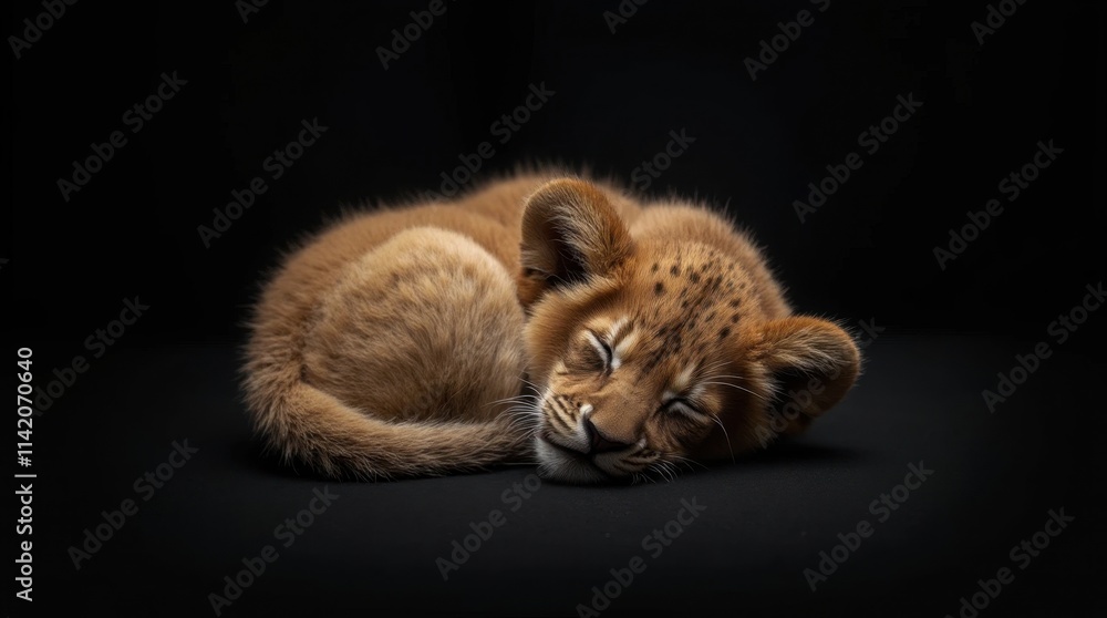 Obraz premium Hyperrealistic Photo of a Sleeping Lion Cub Curled Up Tightly
