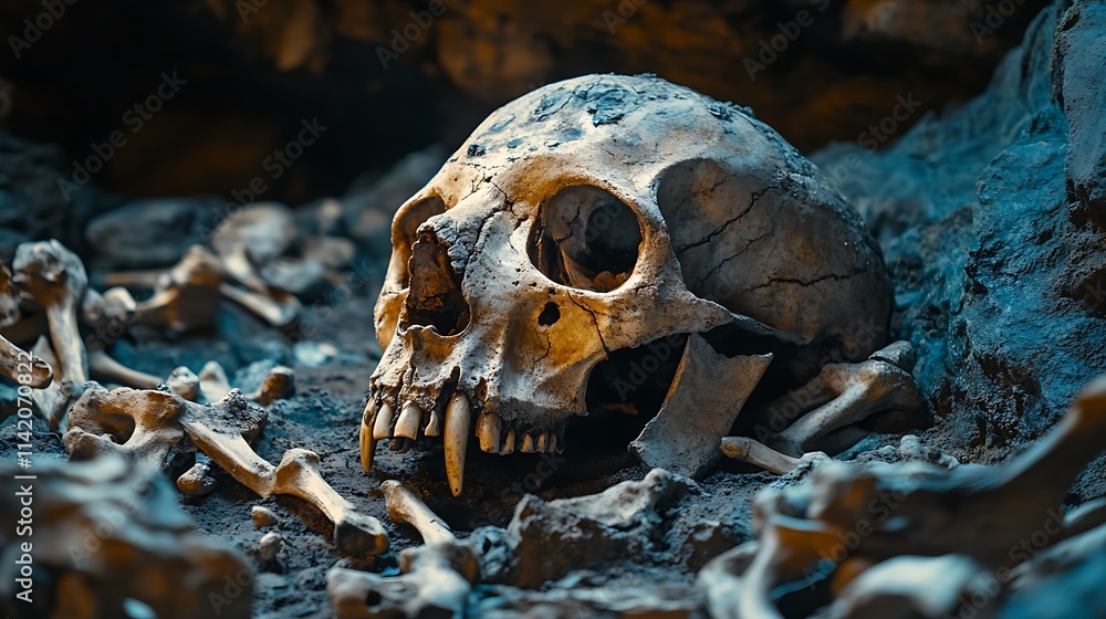 Ancient Skull Amidst Scattered Bones in a Dark Cave Ancient Skull Amidst Scattered Bones in a Dark Cave